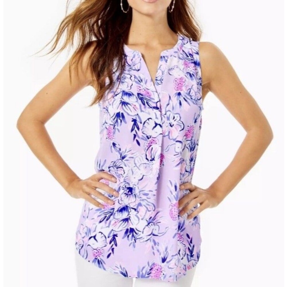 Lilly Pulitzer Blouse Women Medium Stacey Lilac Floral Trunks Work Party Core
